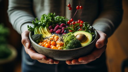 Woman holding bowl with healthy food, closeup. Dieting conceptの素材