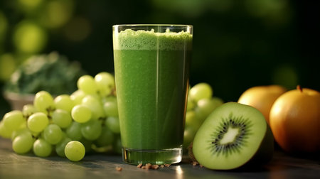 Healthy green smoothie with fresh fruits and vegetables on black backgroundの素材