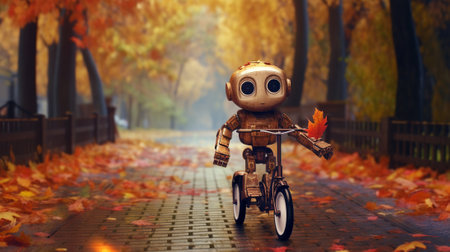 a robot riding a motorcycle in the autumn parkの素材
