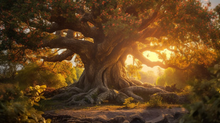 Beautiful tree in the meadow at sunsetの素材