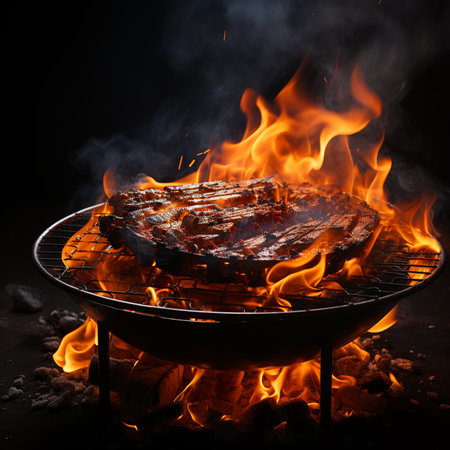 Grilled meat on a barbecue grill with flames on a black backgroundの素材