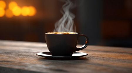 Cup of coffee on a wooden table, close-up.の素材
