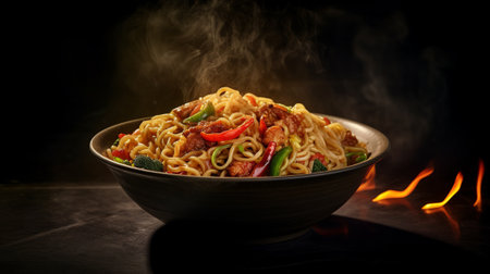 Noodles with meat and vegetables in a plate on a wooden tableの素材
