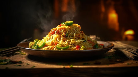 Noodles with meat and vegetables in a plate on a wooden tableの素材