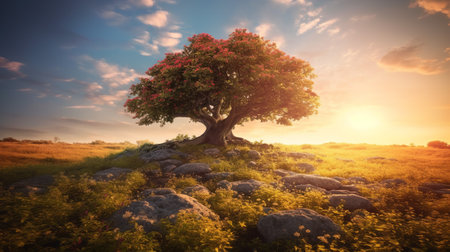 Beautiful tree in the meadow at sunsetの素材