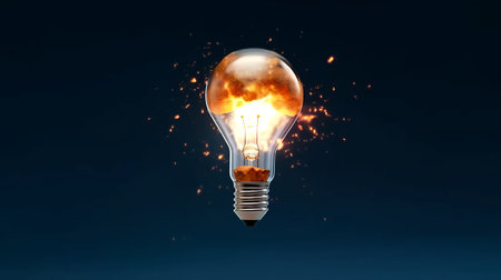 Burning lightbulb on dark blue background.の素材