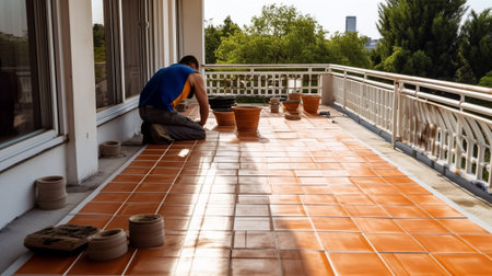 Worker installing tile flooring on a new house construction site.の素材
