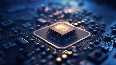 3d illustration of cpu in circuit board, closeup of photoの素材