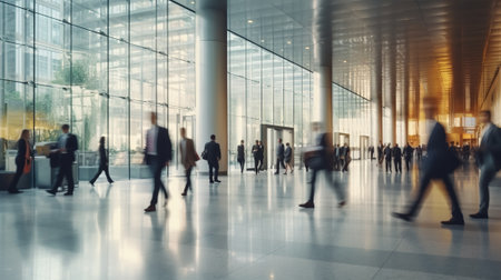 Silhouette of business people walking in the lobby of a modern office buildingの素材