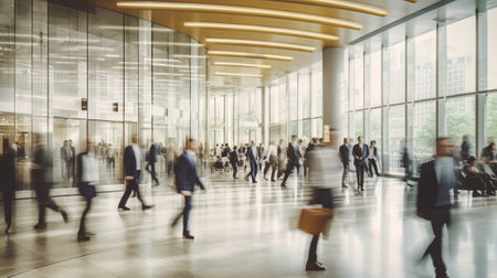Silhouette of business people walking in the lobby of a modern office buildingの素材