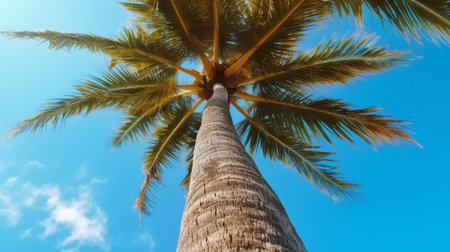 Coconut palm tree against blue sky with white clouds. Nature backgroundの素材