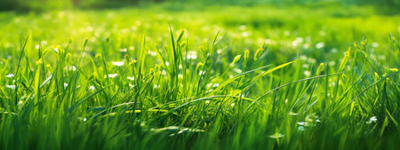 Green grass and blue sky. Panoramic view. Nature backgroundの素材