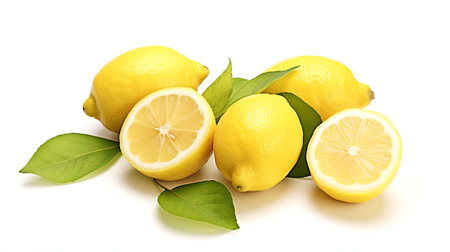 Lemons with green leaves on a white background. Isolatedの素材