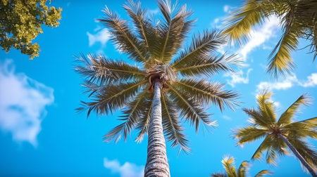 Coconut palm tree against blue sky with white clouds. Nature backgroundの素材