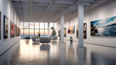 Modern art gallery interior with paintings on the wallの素材