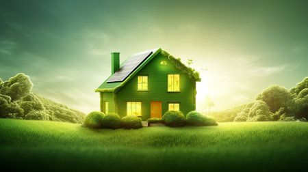 Beautiful green house in the meadow.の素材