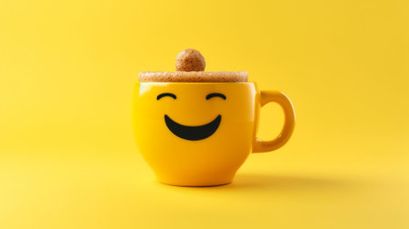 Yellow cup with smiley face on yellow backgroundの素材