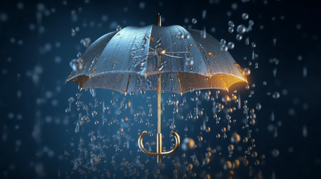 Rainy weather concept with umbrella and blurred city lights in background.の素材