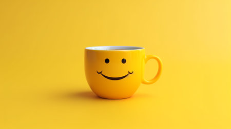 Yellow cup with smiley face on yellow backgroundの素材