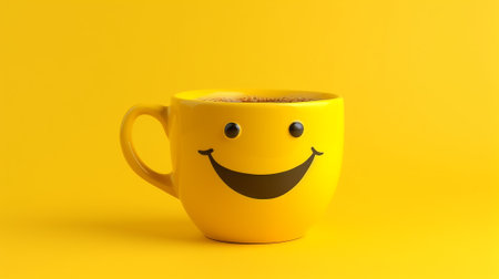 Yellow cup with smiley face on yellow backgroundの素材