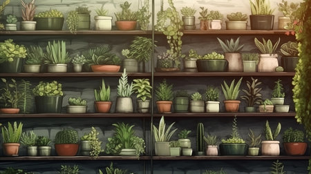 Illustration of indoor plants in pots on a shelf in a shopの素材