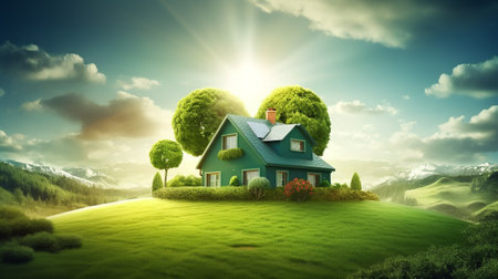 Beautiful green house in the meadow.の素材