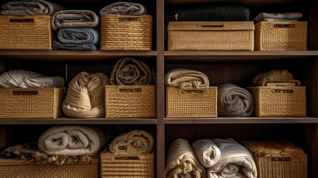 Wicker baskets and towels on shelves in the store. Toned.の素材