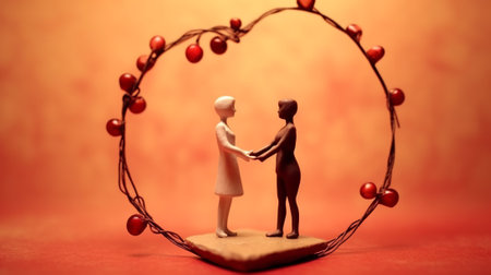 Close up of human hands holding hands against red background with vignetteの素材