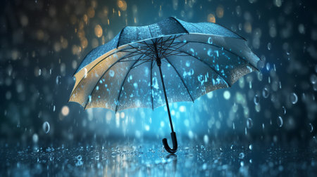 Rainy weather concept with umbrella and blurred city lights in background.の素材