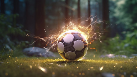 Soccer ball with sparks flying high in the air. Mixed mediaの素材