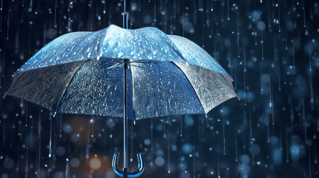 Rainy weather concept with umbrella and blurred city lights in background.の素材