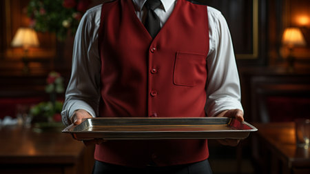Waiter holding tray with empty glasses in a pub or restaurant.の素材