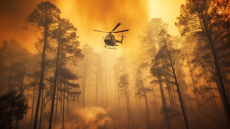Helicopter in the forest during the fireの素材