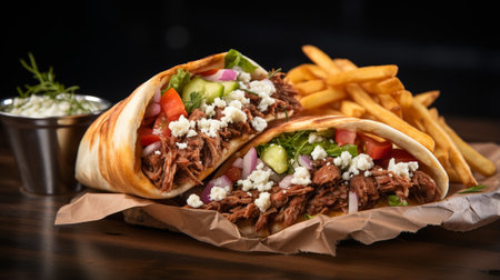 beef kebab with greek yogurt sauce and french friesの素材