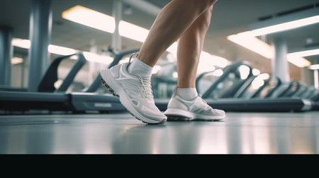 Low section of young woman in sportswear running on treadmill in gymの素材