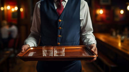 Waiter holding tray with empty glasses in a pub or restaurant.の素材