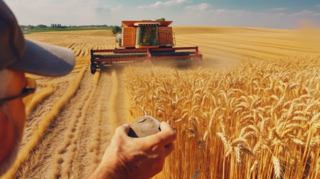 Combine harvester in action on wheat field. Harvesting conceptの素材