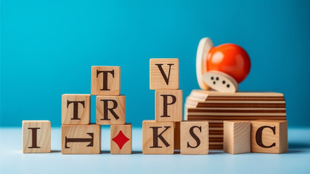 Wooden blocks with question marks and wooden houses on a blue backgroundの素材