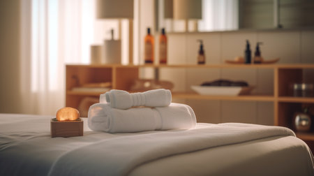 White towels on the bed in the hotel room, soft focus backgroundの素材