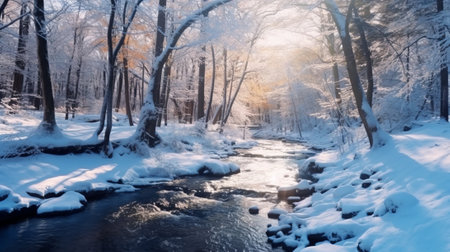 Winter landscape with a red house in the foreground and a blue sky.の素材