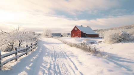 Winter landscape with a red house in the foreground and a blue sky.の素材