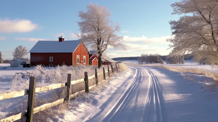 Winter landscape with a red house in the foreground and a blue sky.の素材
