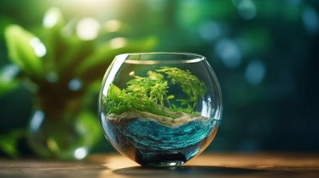 Small green plant in a round glass vase on a blue backgroundの素材