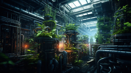 Computer monitors on desk in a modern office with plants in the backgroundの素材