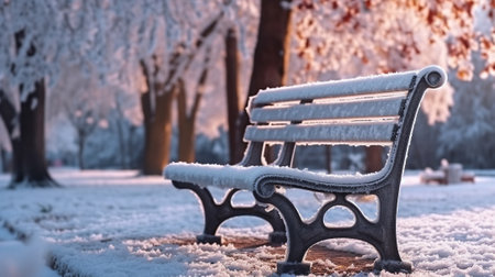 Bench in the park covered with snow. Beautiful winter landscape. Winter backgroundの素材