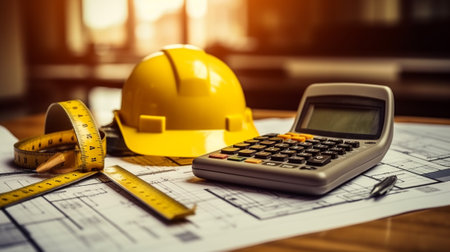 Yellow hard hat on blueprint. Construction concept. Selective focus.の素材