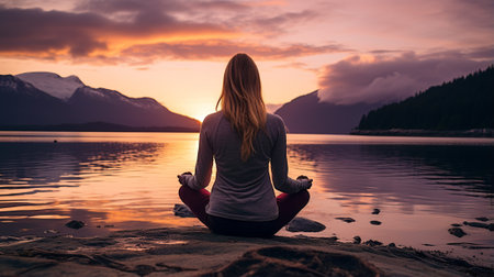 Yoga woman meditating on the beach at sunset in Norway.の素材