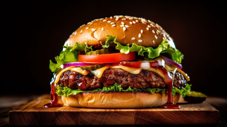 Big tasty hamburger on a wooden board with ketchup and cheeseの素材