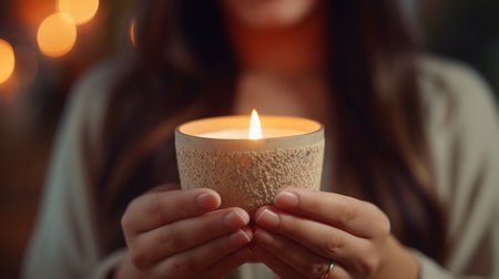 Woman holding a burning candle in her hands with bokeh backgroundの素材