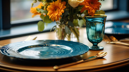 Beautiful table setting with bright flowers in vase on table in restaurantの素材